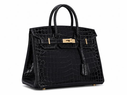 Sac VÉRA Como coloris Onyx en finition croco noir brillant avec détails dorés – Lana Paris