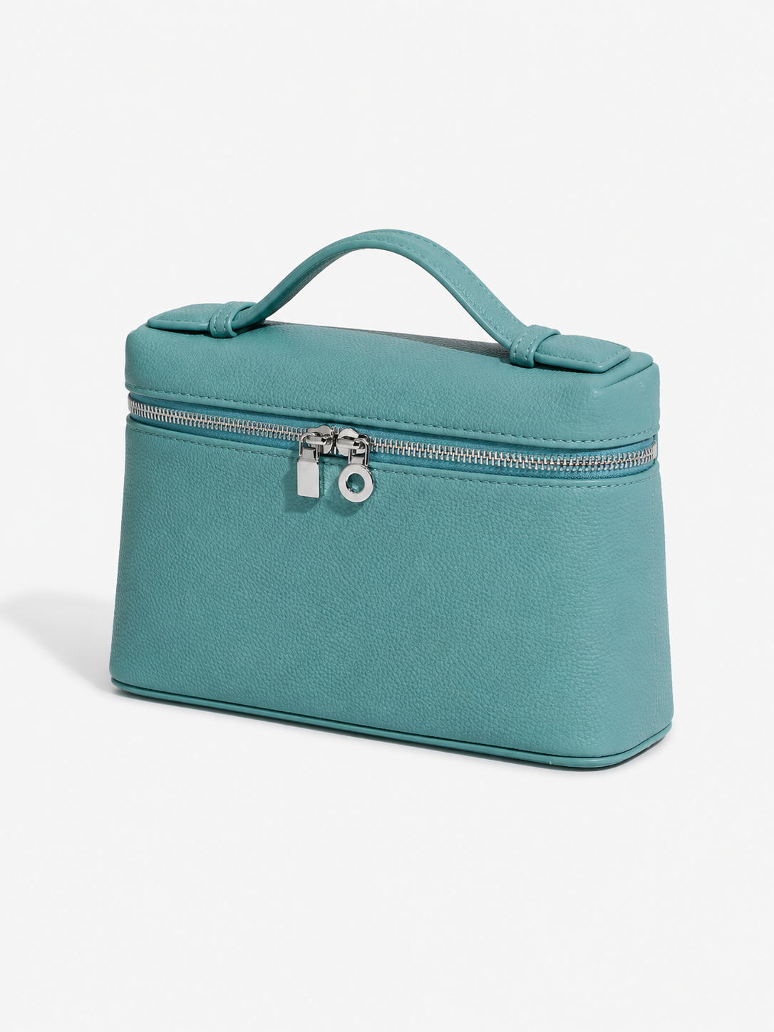 Sac ALMA LAGOON Lana Paris en cuir bleu turquoise, vue 3/4 sans bandoulière, finitions argentées.
