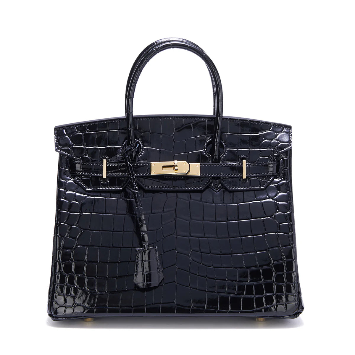 Sac VÉRA Como coloris Onyx en finition croco noir brillant avec détails dorés – Lana Paris