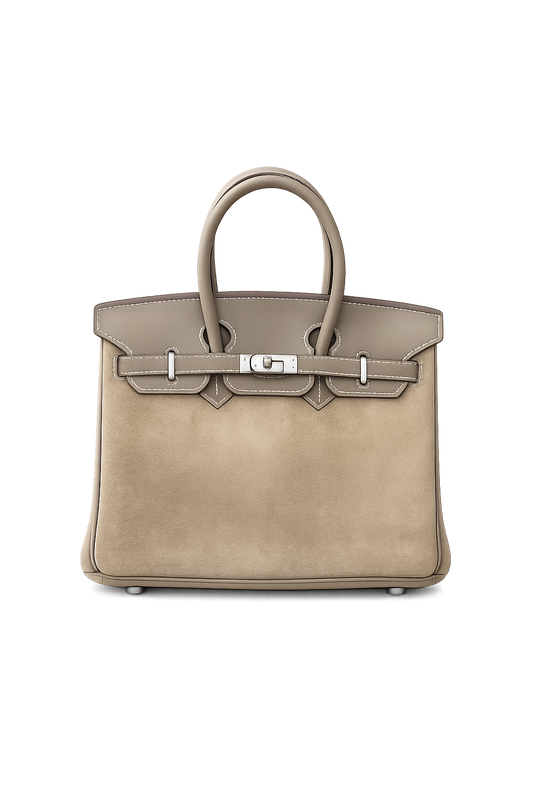 Sac VÉRA Cortina en daim taupe et cuir véritable avec finitions argentées – Lana Paris