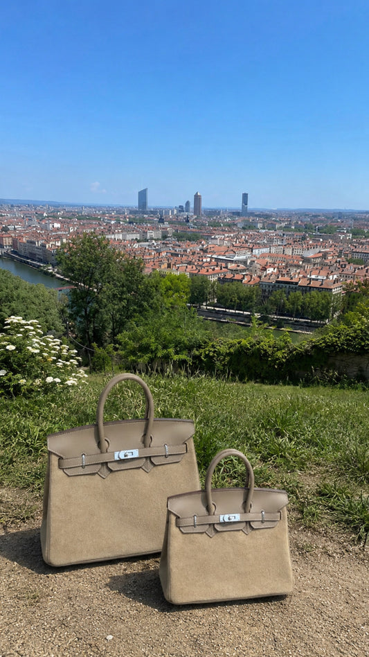 Sac VÉRA Cortina en daim taupe et cuir véritable avec finitions argentées – Lana Paris