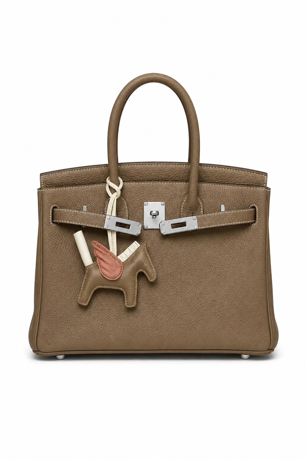Sac VÉRA MILANO taupe avec charm cheval signature sur fond lifestyle chic