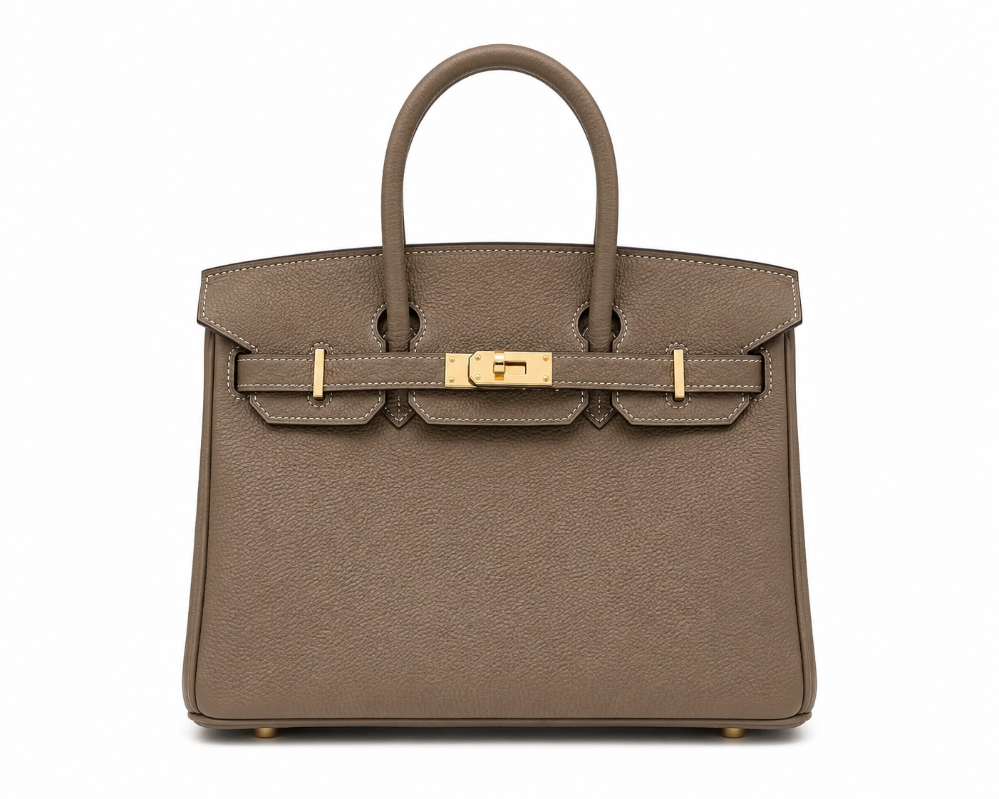 Sac VÉRA MILANO taupe en cuir grainé avec finitions dorées sur fond blanc – Lana Paris
