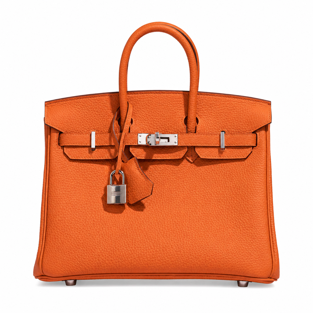 Sac VÉRA Toscana orange en cuir grainé avec finitions argentées sur fond blanc – Lana Paris